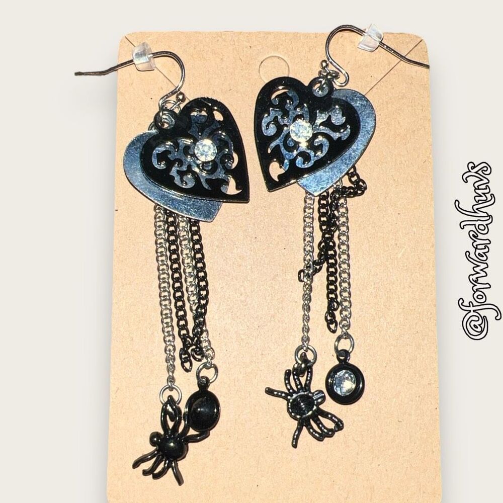 Gothic Black Heart Spider Chain Dangle Rhinestone Earrings 3” Pierced